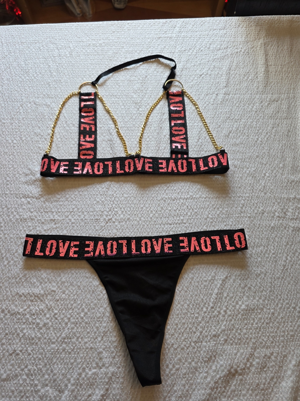 SHEIN Black Bra  Set with Pink LOVE Elastic and Gold Chain Straps Xl